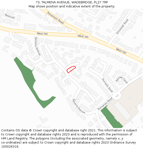 73, TALMENA AVENUE, WADEBRIDGE, PL27 7RP: Location map and indicative extent of plot