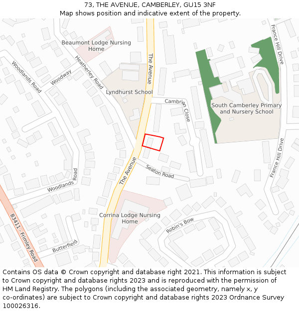 73, THE AVENUE, CAMBERLEY, GU15 3NF: Location map and indicative extent of plot