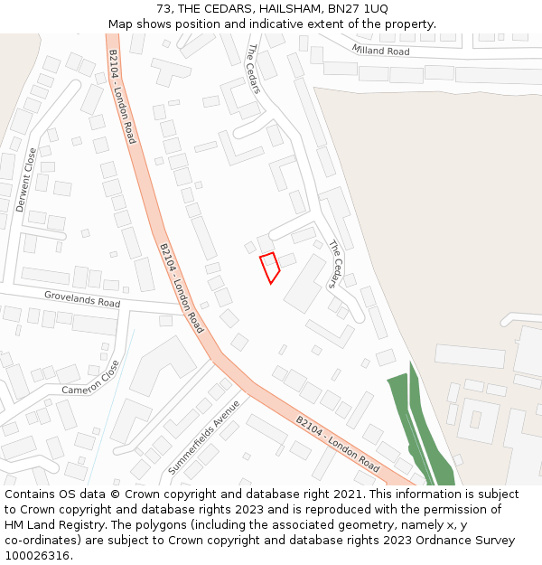73, THE CEDARS, HAILSHAM, BN27 1UQ: Location map and indicative extent of plot
