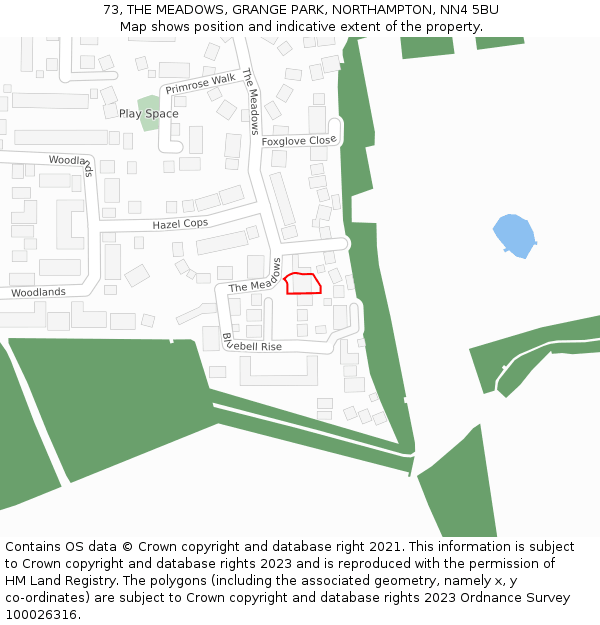 73, THE MEADOWS, GRANGE PARK, NORTHAMPTON, NN4 5BU: Location map and indicative extent of plot