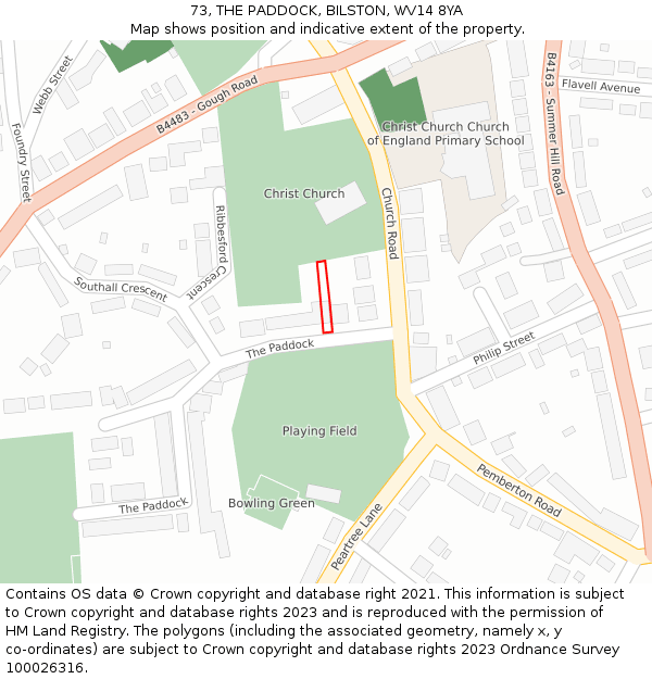 73, THE PADDOCK, BILSTON, WV14 8YA: Location map and indicative extent of plot