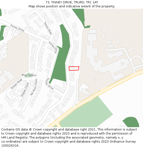 73, TINNEY DRIVE, TRURO, TR1 1AT: Location map and indicative extent of plot