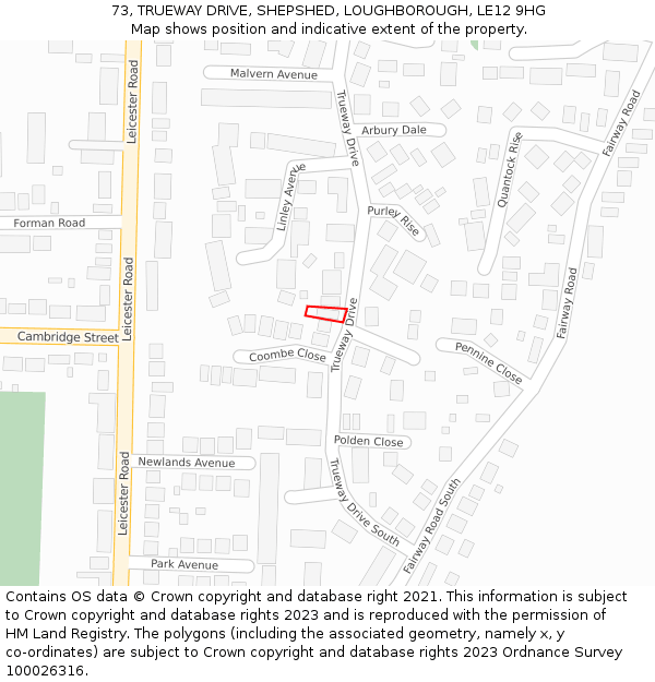 73, TRUEWAY DRIVE, SHEPSHED, LOUGHBOROUGH, LE12 9HG: Location map and indicative extent of plot