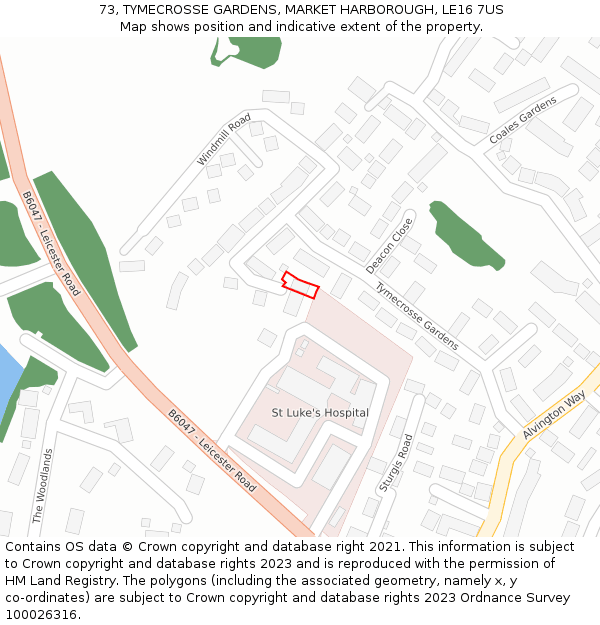 73, TYMECROSSE GARDENS, MARKET HARBOROUGH, LE16 7US: Location map and indicative extent of plot