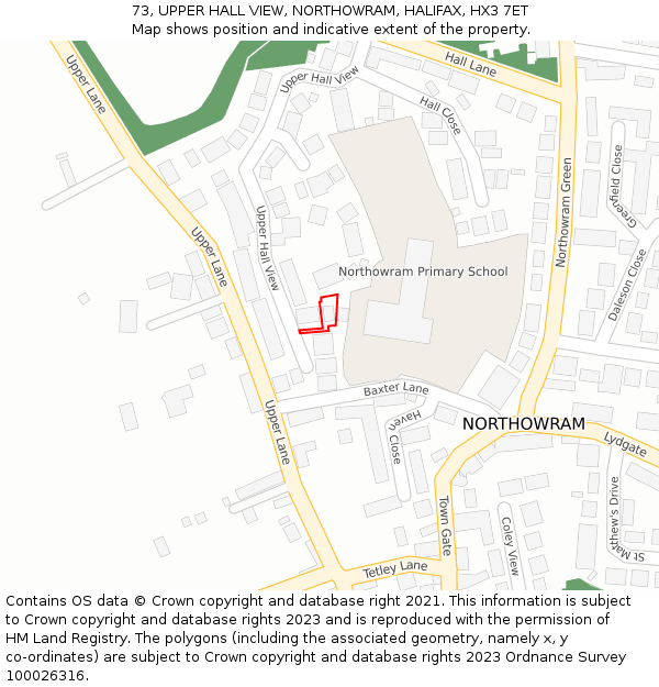 73, UPPER HALL VIEW, NORTHOWRAM, HALIFAX, HX3 7ET: Location map and indicative extent of plot