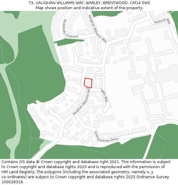 73, VAUGHAN WILLIAMS WAY, WARLEY, BRENTWOOD, CM14 5WS: Location map and indicative extent of plot