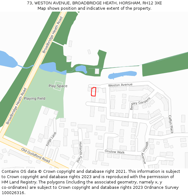 73, WESTON AVENUE, BROADBRIDGE HEATH, HORSHAM, RH12 3XE: Location map and indicative extent of plot