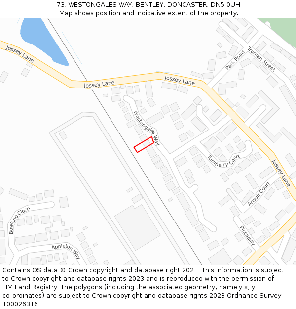 73, WESTONGALES WAY, BENTLEY, DONCASTER, DN5 0UH: Location map and indicative extent of plot