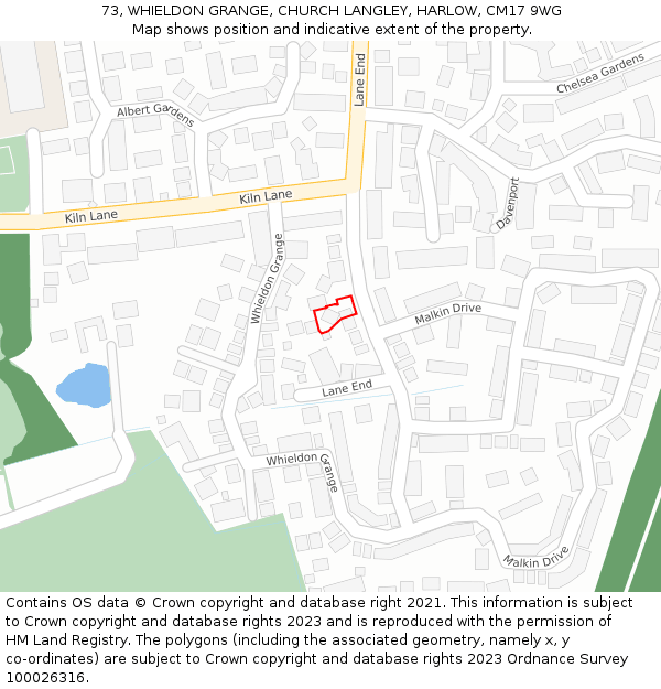 73, WHIELDON GRANGE, CHURCH LANGLEY, HARLOW, CM17 9WG: Location map and indicative extent of plot