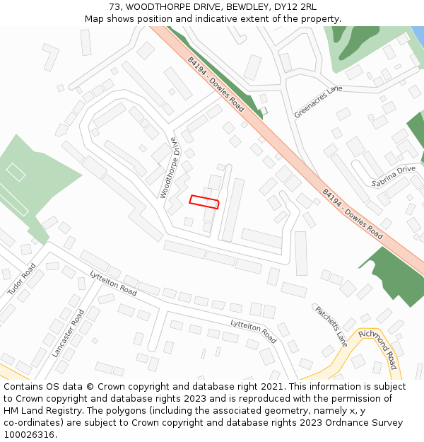 73, WOODTHORPE DRIVE, BEWDLEY, DY12 2RL: Location map and indicative extent of plot