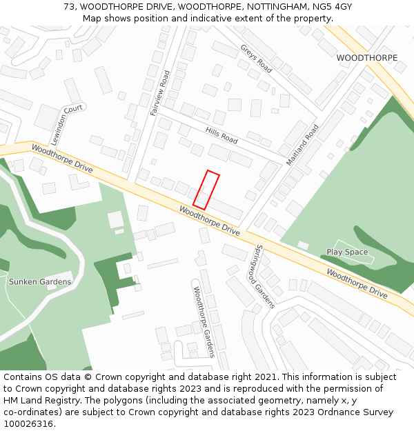 73, WOODTHORPE DRIVE, WOODTHORPE, NOTTINGHAM, NG5 4GY: Location map and indicative extent of plot