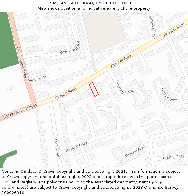 73A, ALVESCOT ROAD, CARTERTON, OX18 3JP: Location map and indicative extent of plot