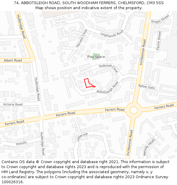 74, ABBOTSLEIGH ROAD, SOUTH WOODHAM FERRERS, CHELMSFORD, CM3 5SS: Location map and indicative extent of plot