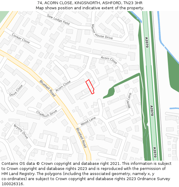 74, ACORN CLOSE, KINGSNORTH, ASHFORD, TN23 3HR: Location map and indicative extent of plot