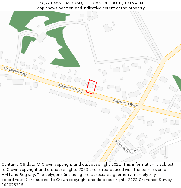 74, ALEXANDRA ROAD, ILLOGAN, REDRUTH, TR16 4EN: Location map and indicative extent of plot