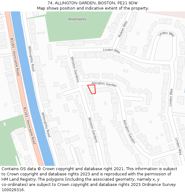 74, ALLINGTON GARDEN, BOSTON, PE21 9DW: Location map and indicative extent of plot