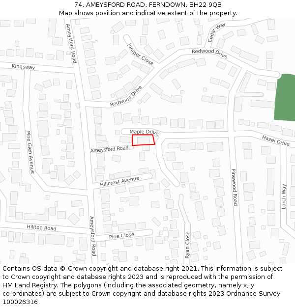 74, AMEYSFORD ROAD, FERNDOWN, BH22 9QB: Location map and indicative extent of plot