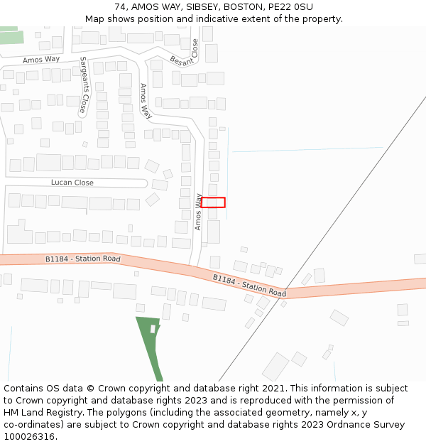 74, AMOS WAY, SIBSEY, BOSTON, PE22 0SU: Location map and indicative extent of plot