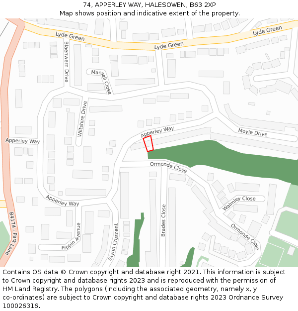 74, APPERLEY WAY, HALESOWEN, B63 2XP: Location map and indicative extent of plot