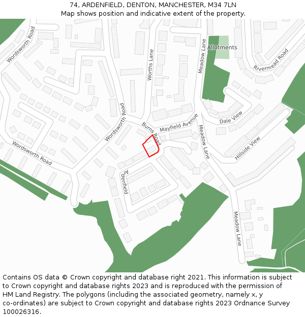 74, ARDENFIELD, DENTON, MANCHESTER, M34 7LN: Location map and indicative extent of plot