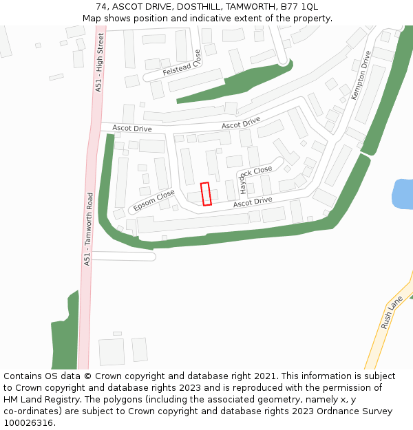 74, ASCOT DRIVE, DOSTHILL, TAMWORTH, B77 1QL: Location map and indicative extent of plot