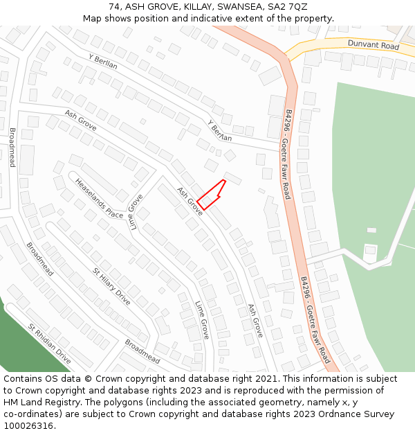 74, ASH GROVE, KILLAY, SWANSEA, SA2 7QZ: Location map and indicative extent of plot