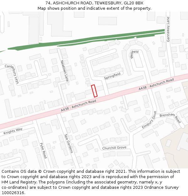 74, ASHCHURCH ROAD, TEWKESBURY, GL20 8BX: Location map and indicative extent of plot