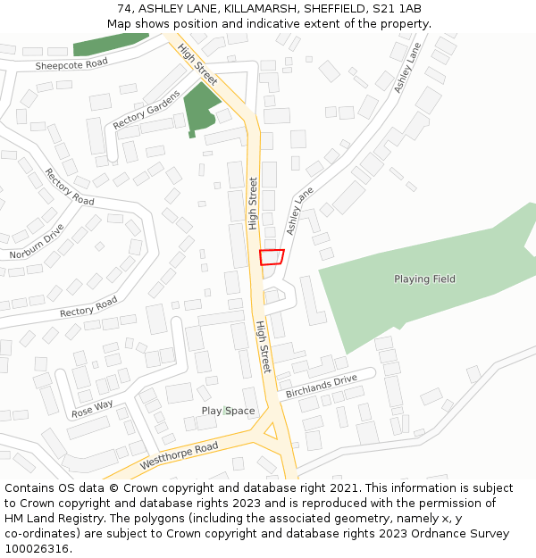 74, ASHLEY LANE, KILLAMARSH, SHEFFIELD, S21 1AB: Location map and indicative extent of plot