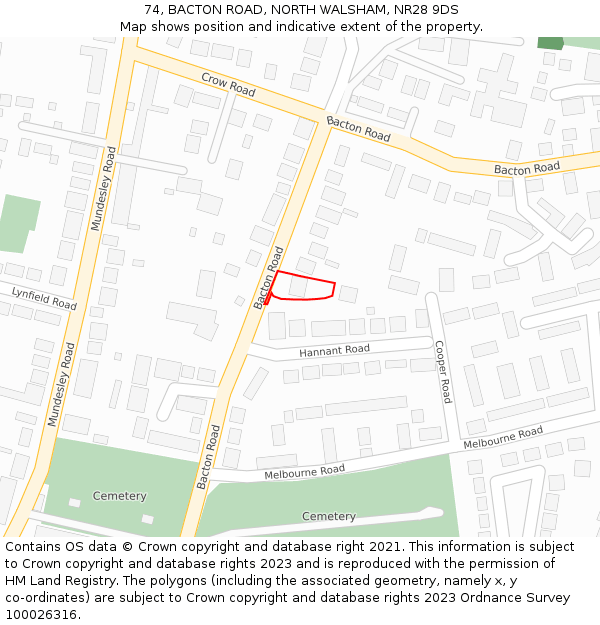 74, BACTON ROAD, NORTH WALSHAM, NR28 9DS: Location map and indicative extent of plot