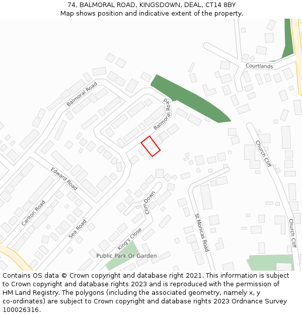 74, BALMORAL ROAD, KINGSDOWN, DEAL, CT14 8BY: Location map and indicative extent of plot