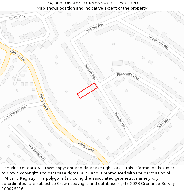 74, BEACON WAY, RICKMANSWORTH, WD3 7PD: Location map and indicative extent of plot