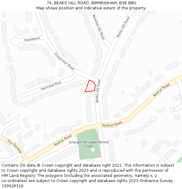 74, BEAKS HILL ROAD, BIRMINGHAM, B38 8BN: Location map and indicative extent of plot