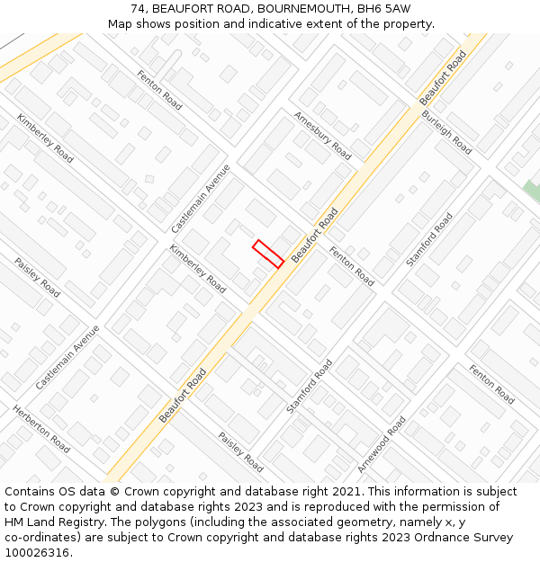 74, BEAUFORT ROAD, BOURNEMOUTH, BH6 5AW: Location map and indicative extent of plot