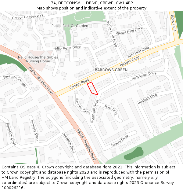 74, BECCONSALL DRIVE, CREWE, CW1 4RP: Location map and indicative extent of plot