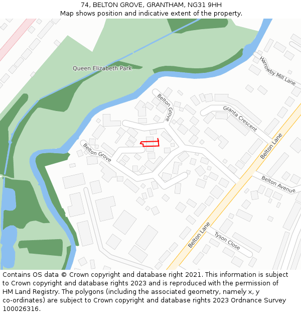 74, BELTON GROVE, GRANTHAM, NG31 9HH: Location map and indicative extent of plot