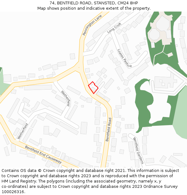 74, BENTFIELD ROAD, STANSTED, CM24 8HP: Location map and indicative extent of plot