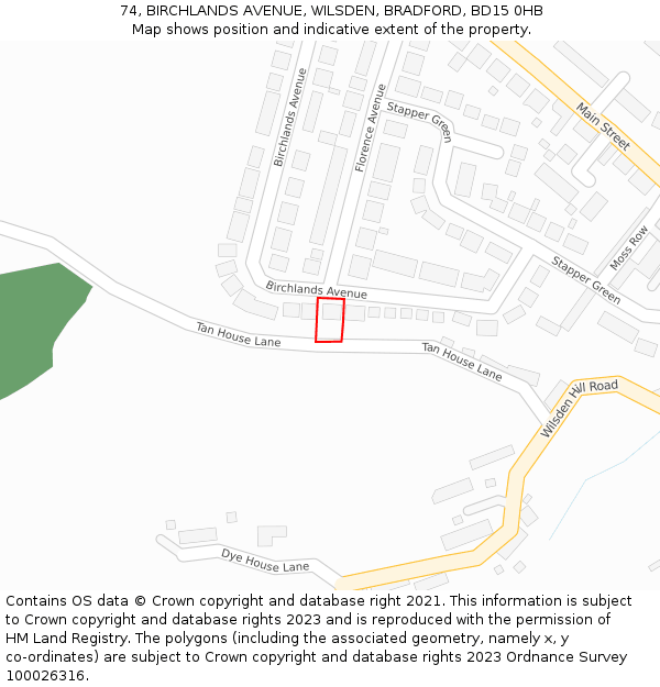 74, BIRCHLANDS AVENUE, WILSDEN, BRADFORD, BD15 0HB: Location map and indicative extent of plot