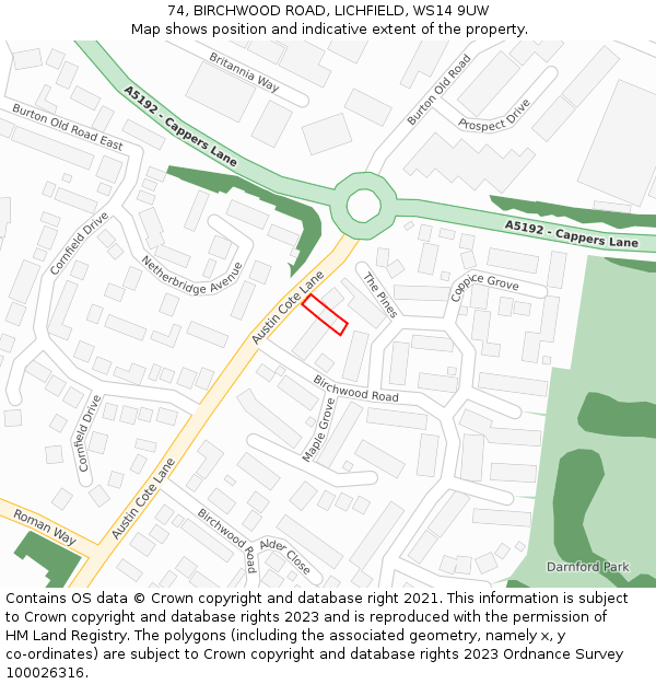 74, BIRCHWOOD ROAD, LICHFIELD, WS14 9UW: Location map and indicative extent of plot