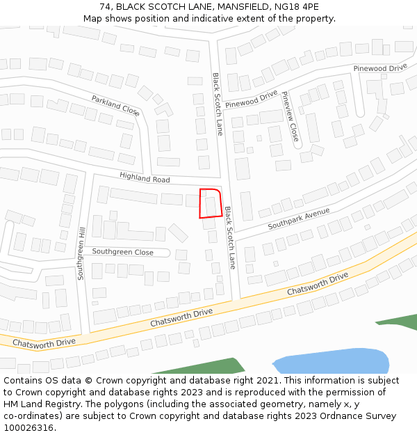 74, BLACK SCOTCH LANE, MANSFIELD, NG18 4PE: Location map and indicative extent of plot