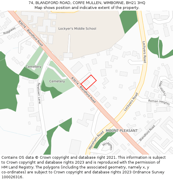 74, BLANDFORD ROAD, CORFE MULLEN, WIMBORNE, BH21 3HQ: Location map and indicative extent of plot