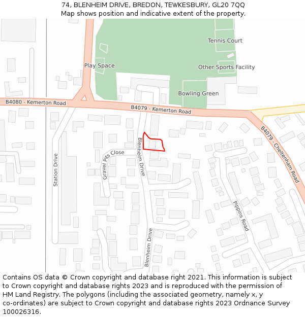 74, BLENHEIM DRIVE, BREDON, TEWKESBURY, GL20 7QQ: Location map and indicative extent of plot