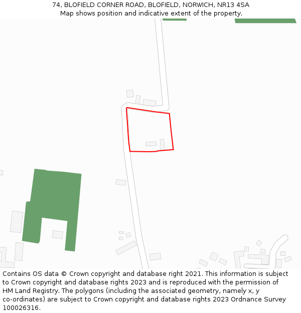 74, BLOFIELD CORNER ROAD, BLOFIELD, NORWICH, NR13 4SA: Location map and indicative extent of plot