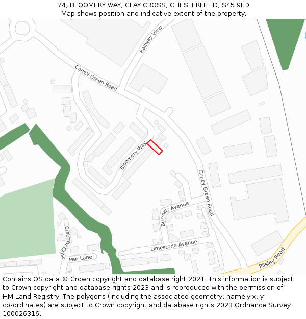 74, BLOOMERY WAY, CLAY CROSS, CHESTERFIELD, S45 9FD: Location map and indicative extent of plot