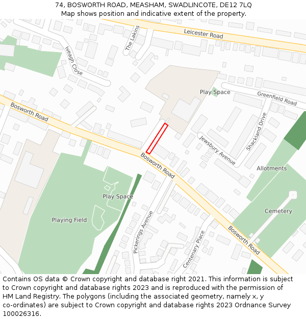 74, BOSWORTH ROAD, MEASHAM, SWADLINCOTE, DE12 7LQ: Location map and indicative extent of plot