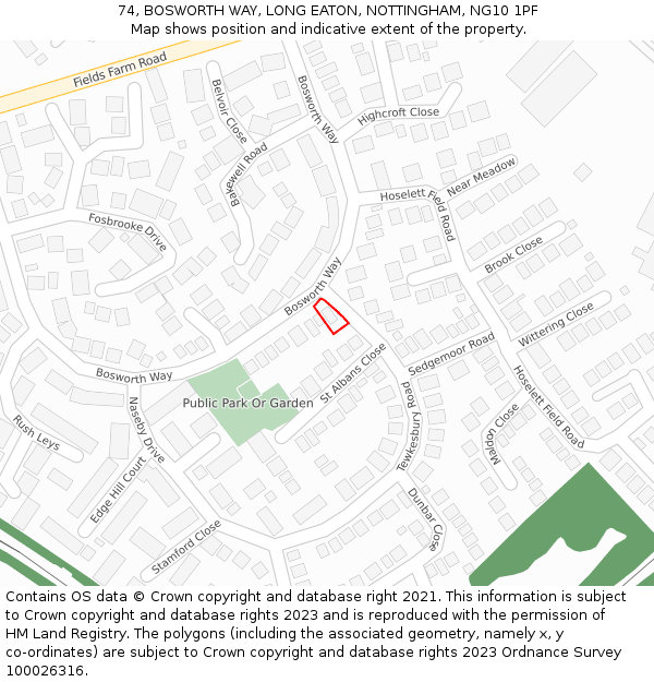 74, BOSWORTH WAY, LONG EATON, NOTTINGHAM, NG10 1PF: Location map and indicative extent of plot