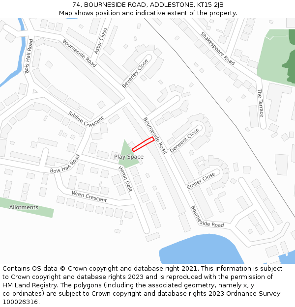 74, BOURNESIDE ROAD, ADDLESTONE, KT15 2JB: Location map and indicative extent of plot
