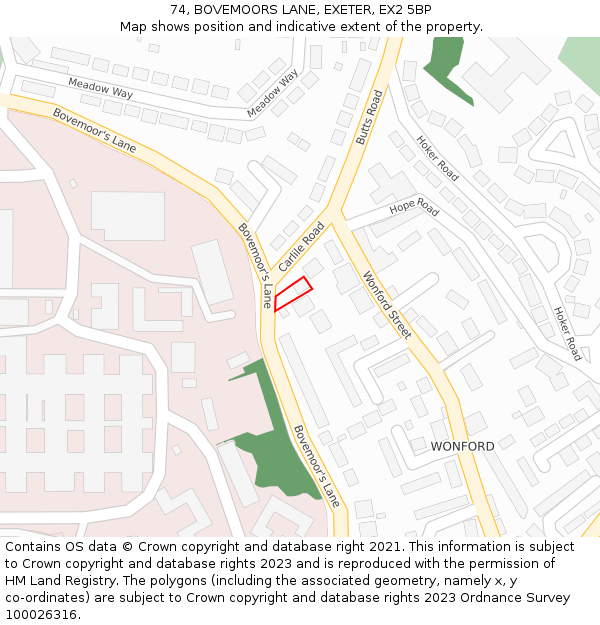 74, BOVEMOORS LANE, EXETER, EX2 5BP: Location map and indicative extent of plot