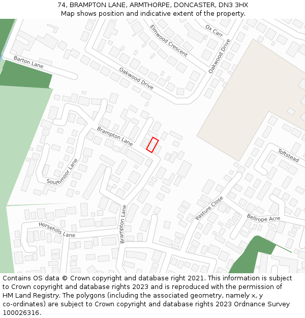 74, BRAMPTON LANE, ARMTHORPE, DONCASTER, DN3 3HX: Location map and indicative extent of plot