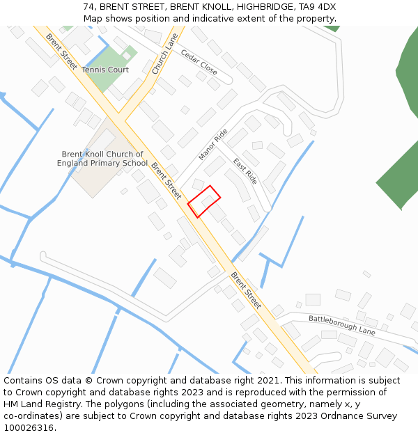 74, BRENT STREET, BRENT KNOLL, HIGHBRIDGE, TA9 4DX: Location map and indicative extent of plot