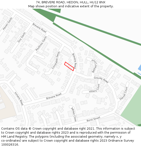 74, BREVERE ROAD, HEDON, HULL, HU12 8NX: Location map and indicative extent of plot